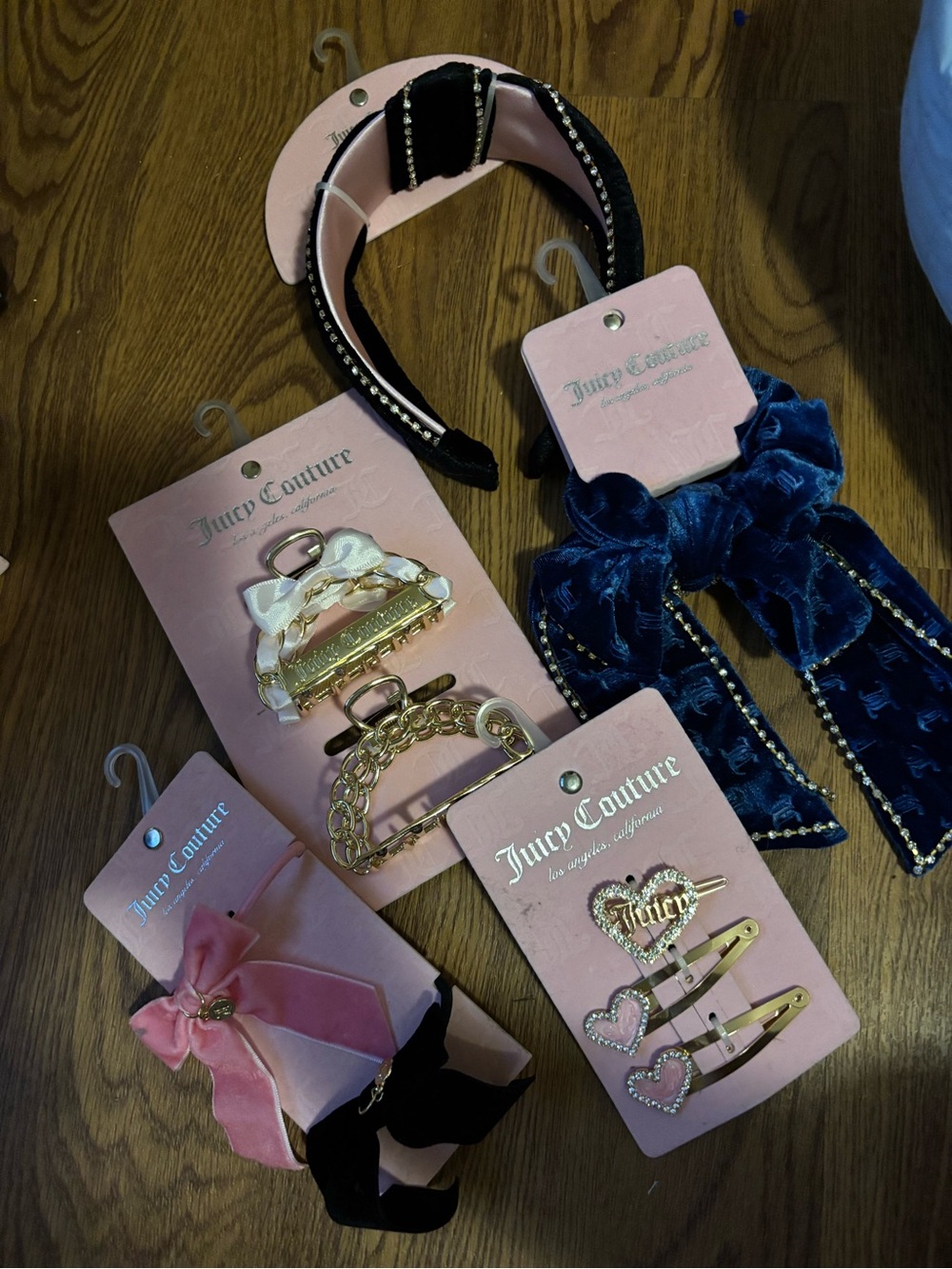 Juicy Couture Velvet Bow & Jeweled Clip Hair Set in Pink, Black, Blue, Gold